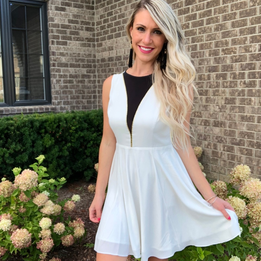White Dress with Black Mesh V-Neck